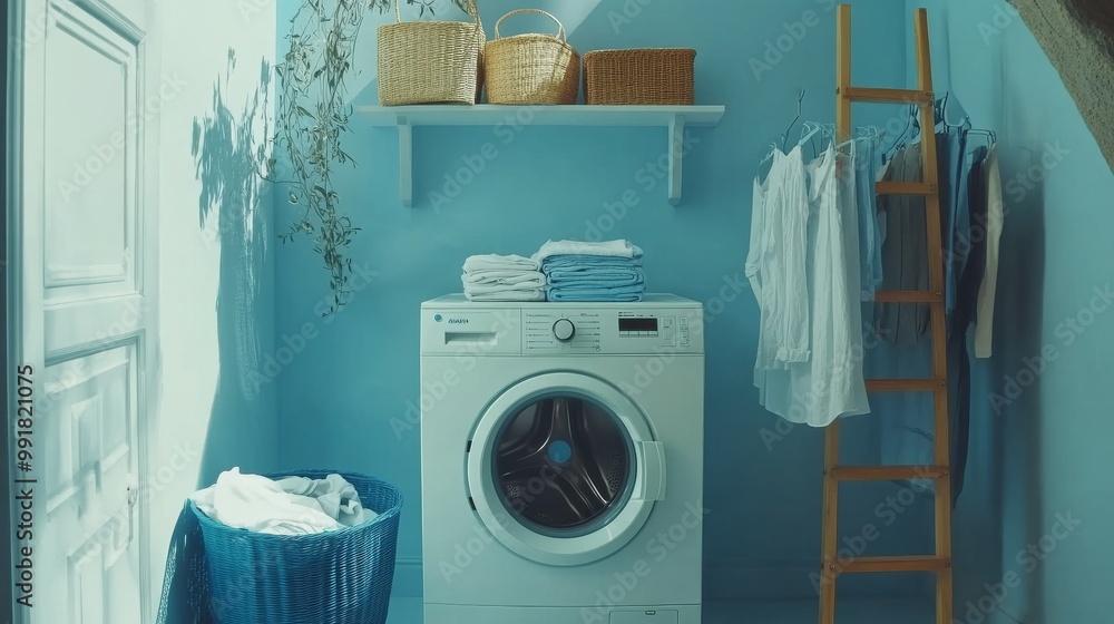 Laundry Room with a Modern Washing Machine, Blue Walls, Woven Baskets, and a Wooden Ladder, Laundry, Interior Design, Washing Machine Laundry Room with a Modern Washing Machine, Blue Walls, Woven Baskets, and a Wooden Ladder, Laundry, Interior Design, Washing Machine