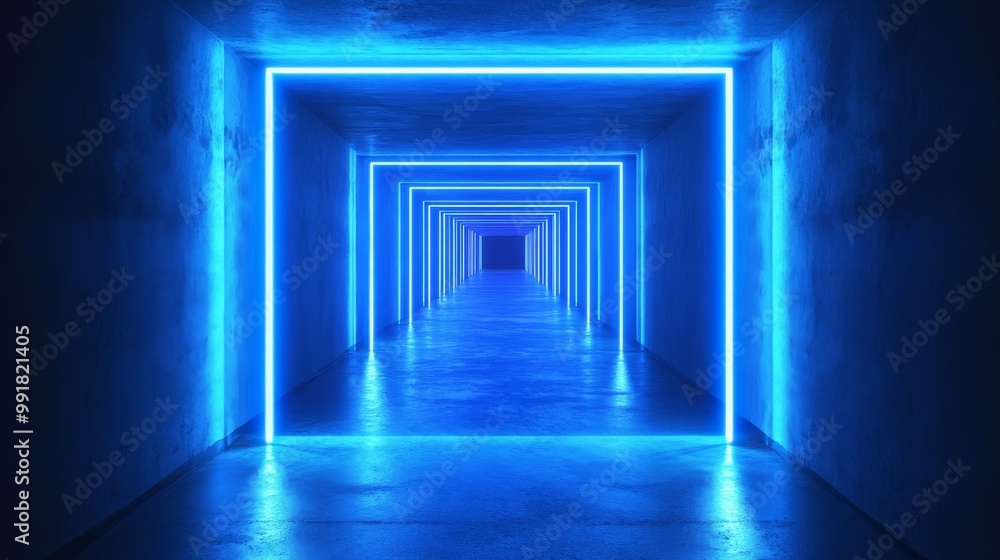 Obraz premium Neon Blue Glowing Corridor, 3D Render, Concrete, Abstract ,Neon, Glowing, Tunnel