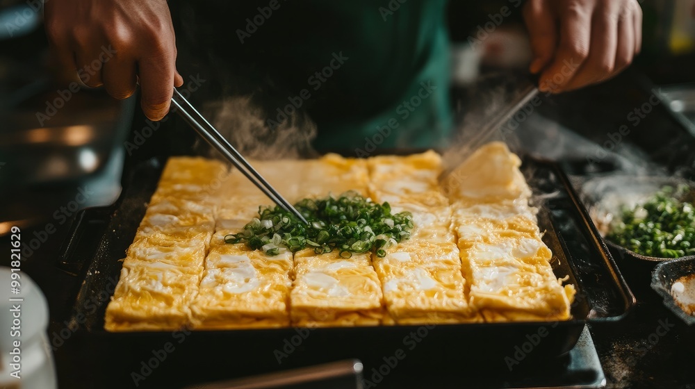 Cooking Tamagoyaki, also known as Tamago traditional Japanese Rolled Omelette, involves a man handling a skillet filled with cooked scrambled eggs and rolling them into a rectangle omelet. Cooking Tamagoyaki, also known as Tamago traditional Japanese Rolled Omelette, involves a man handling a skillet filled with cooked scrambled eggs and rolling them into a rectangle omelet.