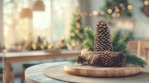 A Festive Table Centerpiece With Pine Cones and Greenery During the Holiday Season at Home photo