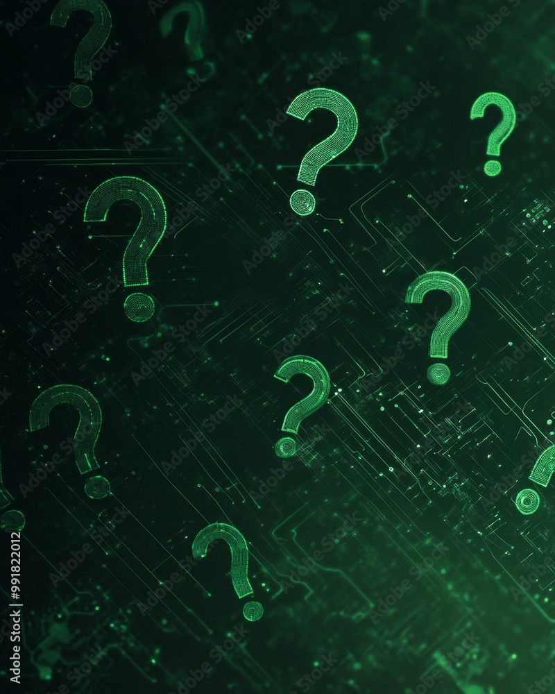 Curiosity represented with floating question marks on a dark green ...