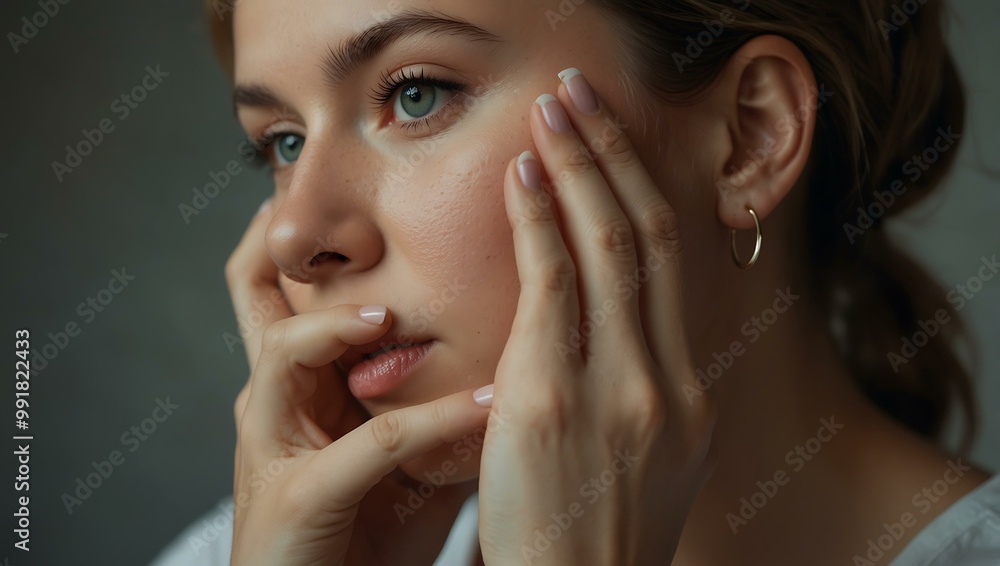 Thoughtful portrait of a woman softly touching her face. Thoughtful portrait of a woman softly touching her face.