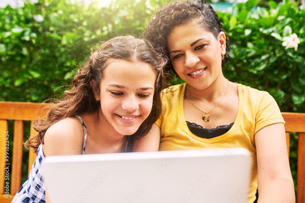 Mother, girl child and laptop on bench in backyard, patio or happy with streaming subscription for cartoon show. Mom, kid and smile with computer, video or movies for bonding in summer at family home Mother, girl child and laptop on bench in backyard, patio or happy with streaming subscription for cartoon show. Mom, kid and smile with computer, video or movies for bonding in summer at family home