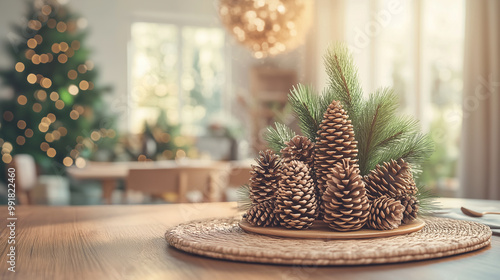 Decorative Pine Cones and Greenery Centerpiece on a Dining Table During a Cozy Winter Holiday Season photo