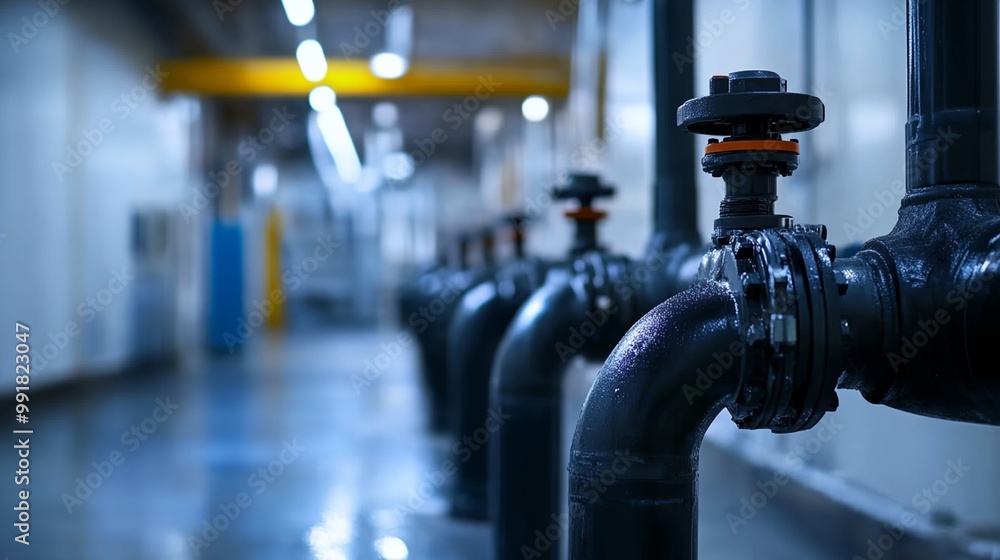 A series of pipes are shown in a room with a blue and white color scheme A series of pipes are shown in a room with a blue and white color scheme