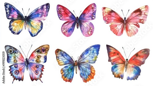 Watercolor Painting of Six Colorful Butterflies, Watercolor , Butterflies , Insect
