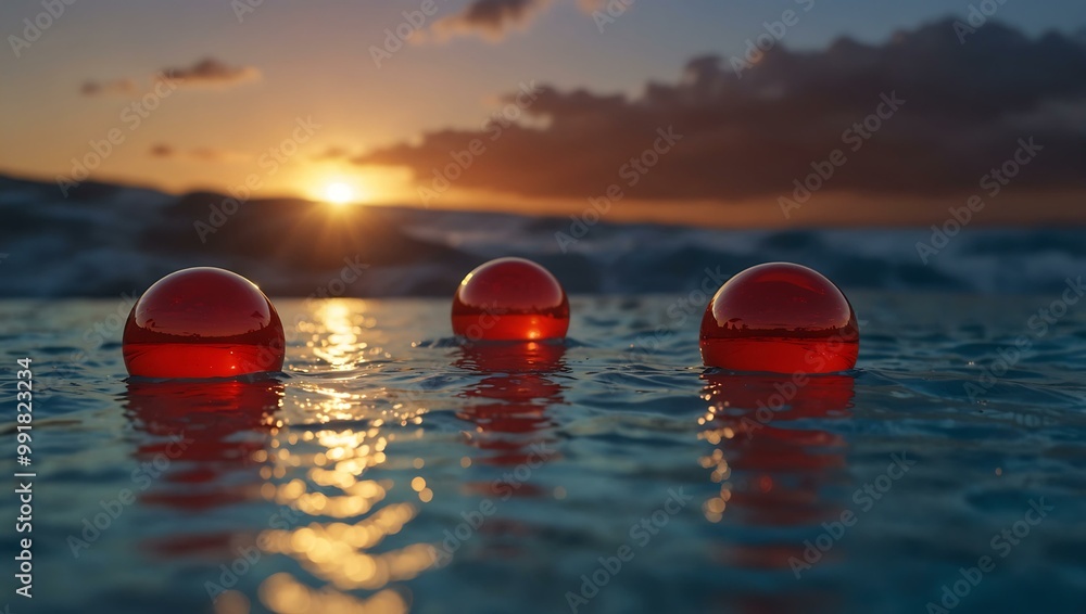Three red spheres rolling down a wavy blue surface towards sunset. Three red spheres rolling down a wavy blue surface towards sunset.