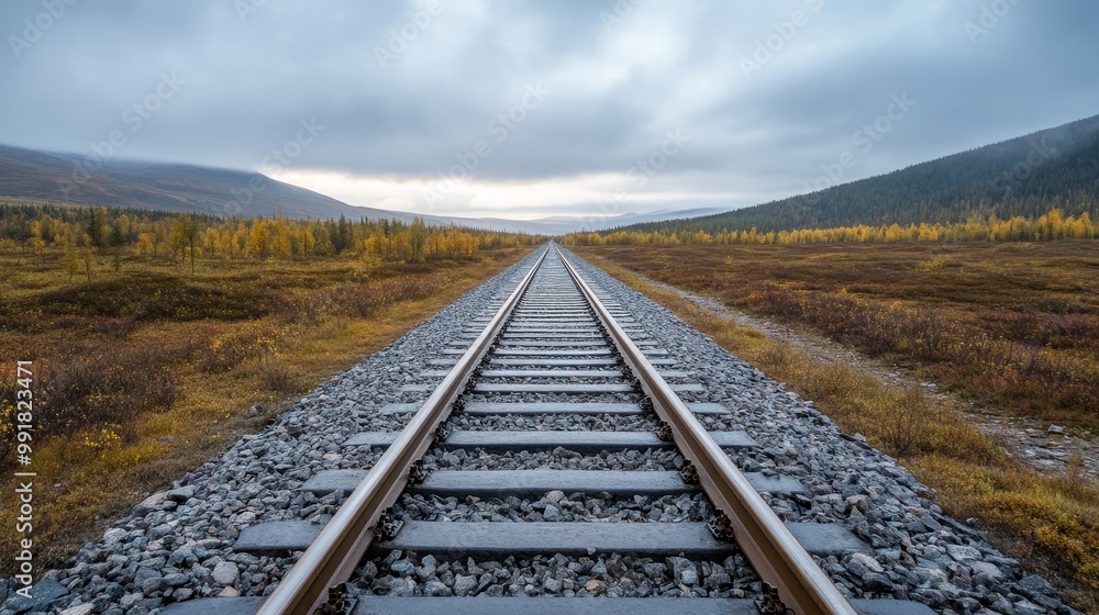 Serene Railway Tracks through Autumn Landscape Serene Railway Tracks through Autumn Landscape