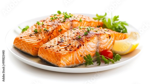 Two grilled salmon fillets served on a white plate with lemon wedges, cherry tomatoes, and parsley.