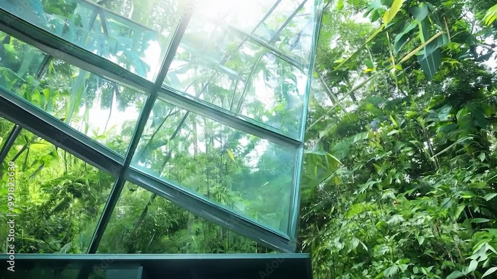 Sunlight pours through a modern glass structure, illuminating the vibrant green foliage surrounding it. The scenery evokes tranquility in a lush tropical setting Sunlight pours through a modern glass structure, illuminating the vibrant green foliage surrounding it. The scenery evokes tranquility in a lush tropical setting