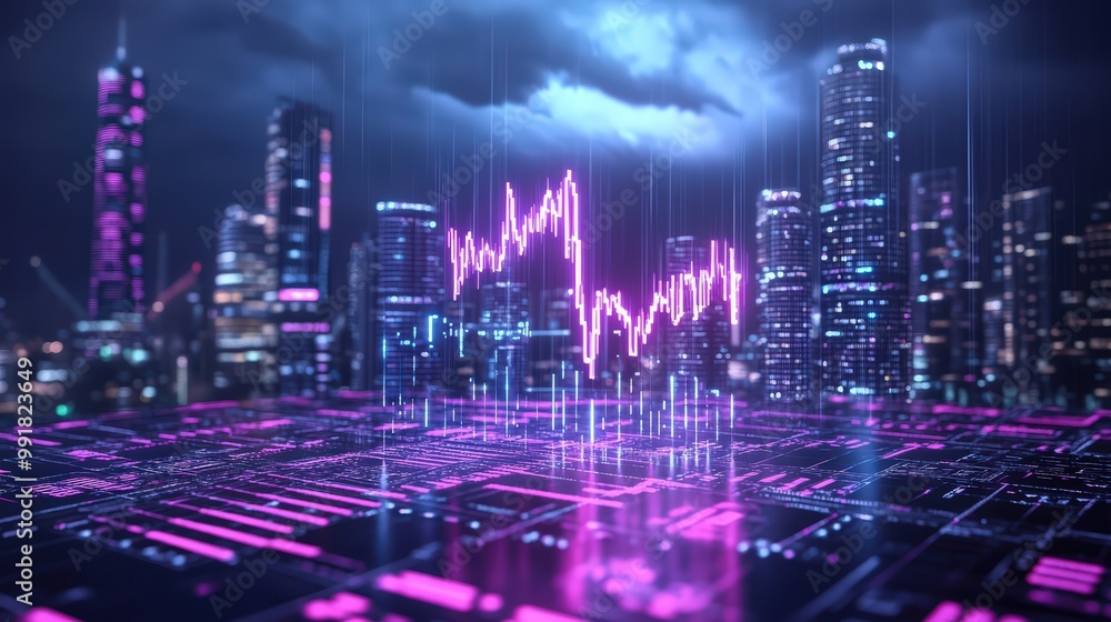 dramatic thunderstorm looms over a futuristic urban landscape, highlighting an investment market's volatility with vibrant graphs and neon reflections. dramatic thunderstorm looms over a futuristic urban landscape, highlighting an investment market's volatility with vibrant graphs and neon reflections.