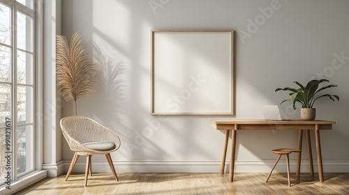 A white framed picture hangs on a wall in a room with a wooden desk and a chair