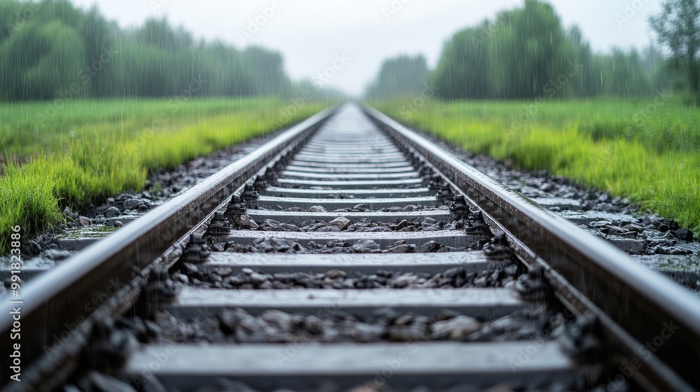 Fototapeta premium Rainy Day on Tranquil Train Tracks in Nature