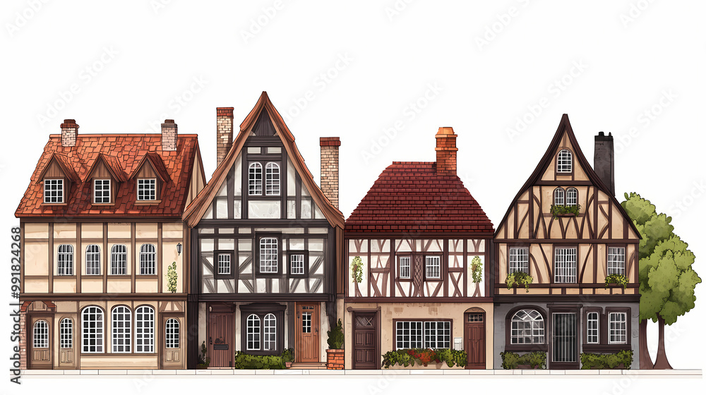 Fototapeta premium Png tudor big townhouse architecture building plant. Tudor Architecture. Illustration