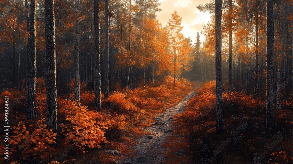 Misty Autumn Birch Forest with Rocky Pathway Misty Autumn Birch Forest with Rocky Pathway