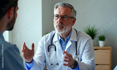 A doctor in a white coat and stethoscope is consulting with a patient in an office setting. The doctor appears to be explaining something to the patient, who is listening intently.