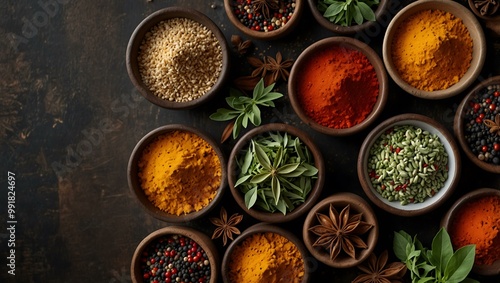 Top view of colorful cooking ingredients, including spices and herbs.