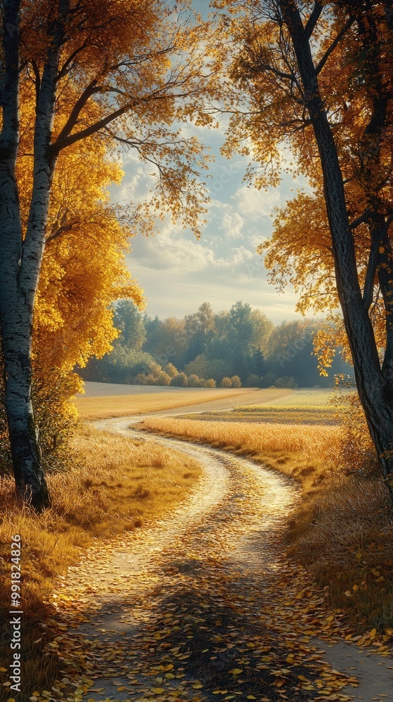 Fototapeta premium Golden Vineyard at Sunset with Rolling Hills and Trees in a Scenic Autumn Countryside