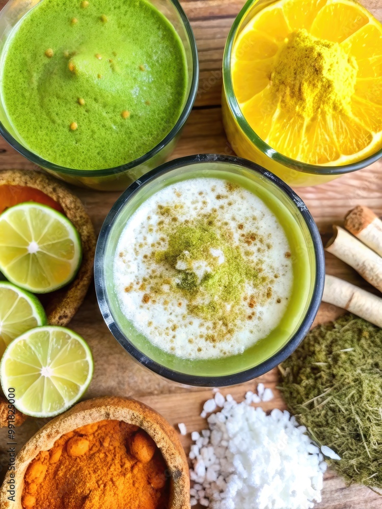 Assorted green and citrus ingredients in a cozy kitchen setup. Assorted green and citrus ingredients in a cozy kitchen setup.
