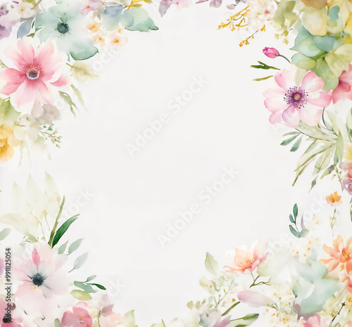 Elegant watercolor floral border background with copy space and soft pastel flowers and leaves on a white background, perfect for designs.