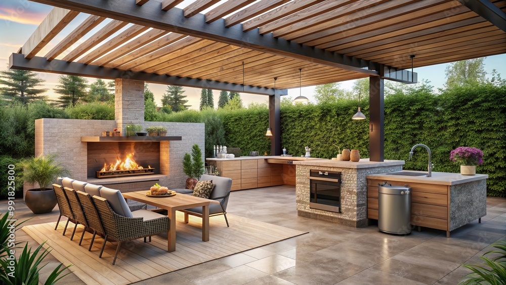 Fototapeta premium outdoor living, summer, patio, fireplace, outdoor, An open kitchen in the backyard with a pergola wood burning stove and fireplace decorated in a modern and elegant style
