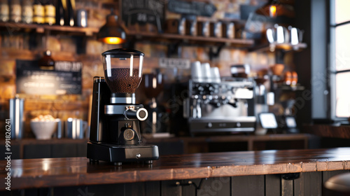 A coffee shop with a coffee grinder and a counter with coffee cups and bowls.