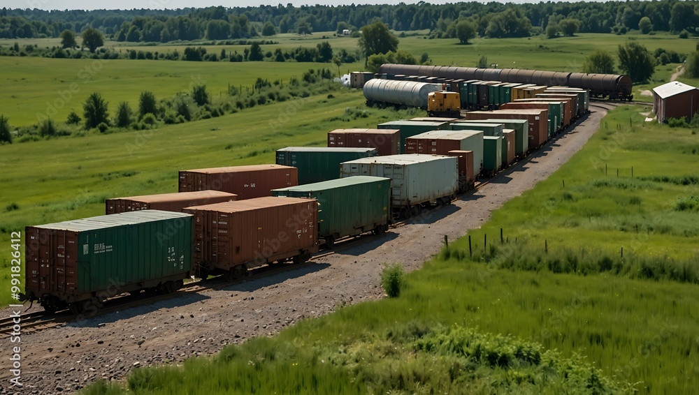 Train yard with cargo cars near storage buildings amidst green fields. Train yard with cargo cars near storage buildings amidst green fields.