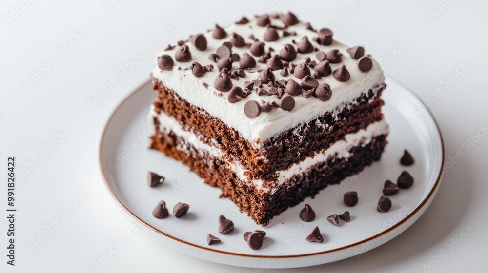 Square piece of chocolate cake with vanilla cream and chocolate chips on white background Square piece of chocolate cake with vanilla cream and chocolate chips on white background