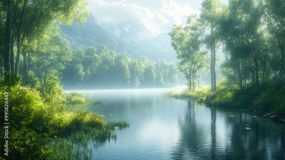 Serene Stream Winding Through a Lush Green Forest with Trees and Reflections on a Sunny Day Serene Stream Winding Through a Lush Green Forest with Trees and Reflections on a Sunny Day