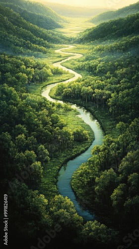 Serene Stream Winding Through a Lush Green Forest with Trees and Reflections on a Sunny Day