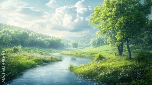 Tranquil River Surrounded by Lush Green Vegetation in a Peaceful Forest Landscape on a Sunny Day