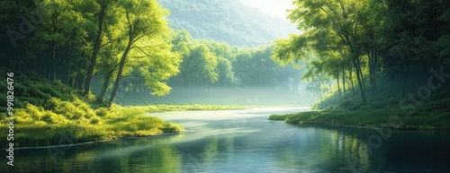 Tranquil River Surrounded by Lush Green Vegetation in a Peaceful Forest Landscape on a Sunny Day