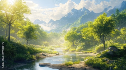 Tranquil River Surrounded by Lush Green Vegetation in a Peaceful Forest Landscape on a Sunny Day