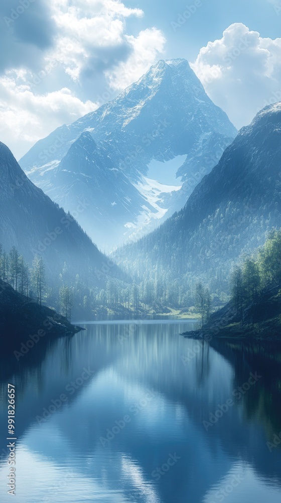 Fototapeta premium Snow-Capped Mountain Reflected in a Calm Lake Surrounded by Forested Peaks on a Clear Day
