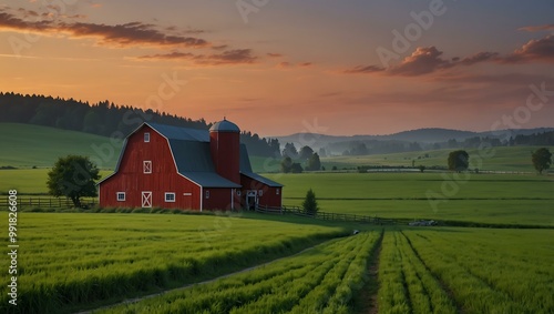 Tranquil farm scene at dusk featuring a red barn and green fields.