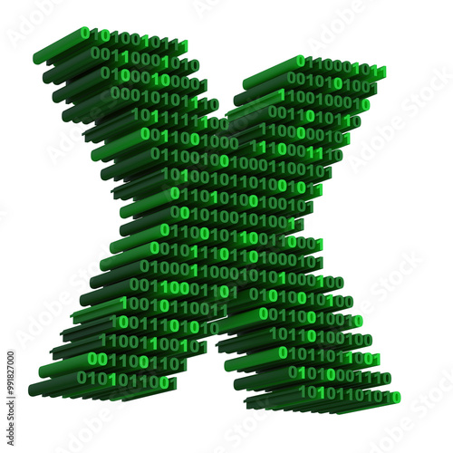 3D isometric letter x font made from binary code digits on transparent background PNG