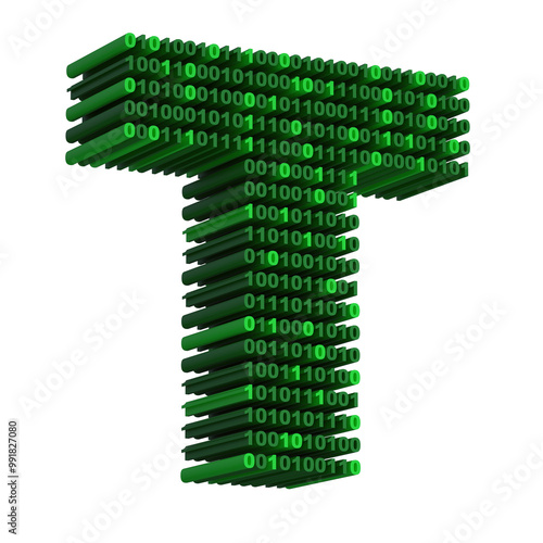 3D isometric letter T font made from binary code digits on transparent background PNG