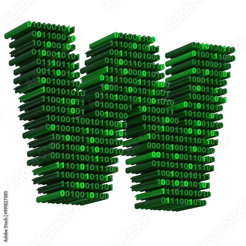 3D isometric letter W font made from binary code digits on transparent background PNG