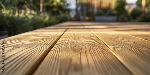 image depicts a close-up of a wooden terrace or deck, focusing on the grain and texture of the wood planks