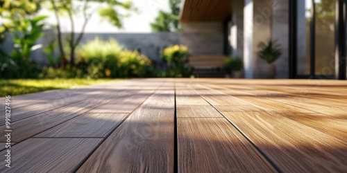 image depicts a close-up of a wooden terrace or deck, focusing on the grain and texture of the wood planks