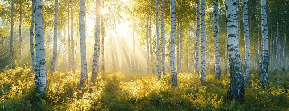 Sunlit Birch Tree Lane with Shadows Stretching Across the Grass Sunlit Birch Tree Lane with Shadows Stretching Across the Grass