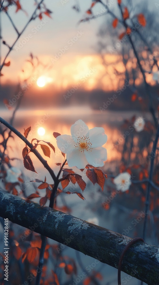 Close-up of White Flowers Against Wooden Fence at Sunset by the Lake Close-up of White Flowers Against Wooden Fence at Sunset by the Lake