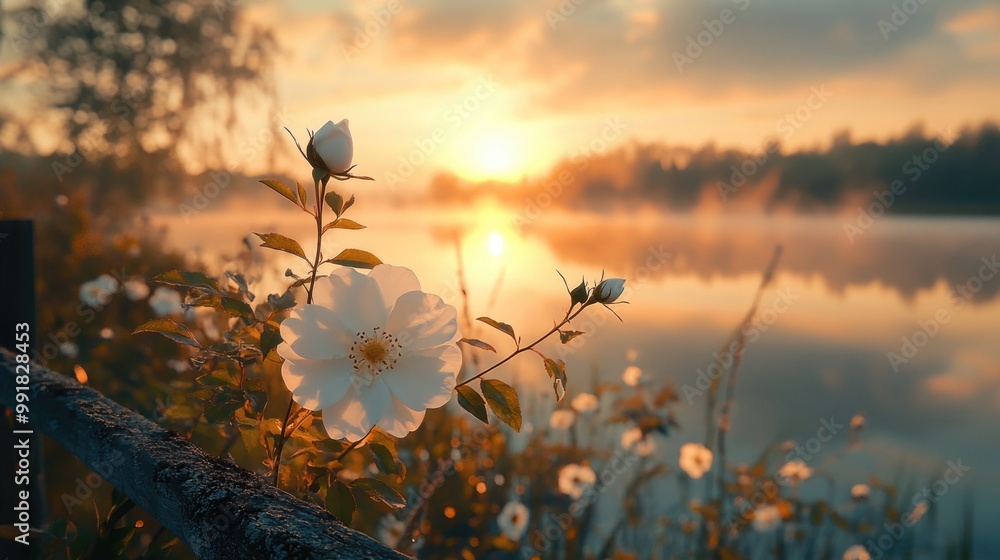 Obraz premium Close-up of White Flowers Against Wooden Fence at Sunset by the Lake