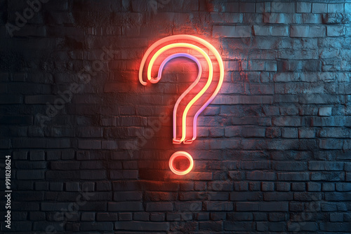 Neon sign in form of a question mark on a wall background representing questions session backdrop