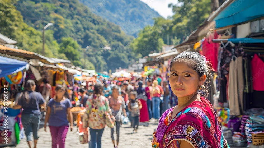 People at a local market in a small town, showing cultural diversity, sunny day, bright colors People at a local market in a small town, showing cultural diversity, sunny day, bright colors