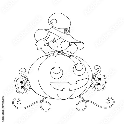 Line sketch of a funny little witch with a pumpkin and cats. Vector graphics.