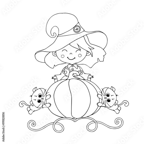 Line sketch of a funny little witch with a pumpkin and cats. Vector graphics.