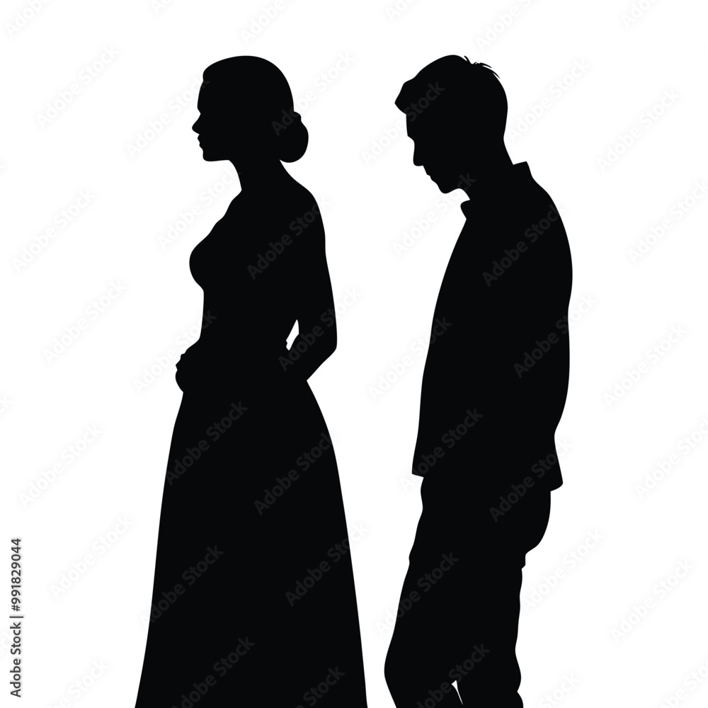 a black silhouette of a man and a woman standing side by side , silhouette vector illustration, a black silhouette of a man and a woman standing side by side , silhouette vector illustration,