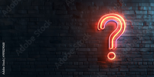 Neon sign in form of a question mark on a wall background representing questions session backdrop