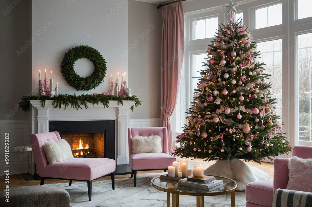 Christmas tree with decorations, couch and wrapped gifts.